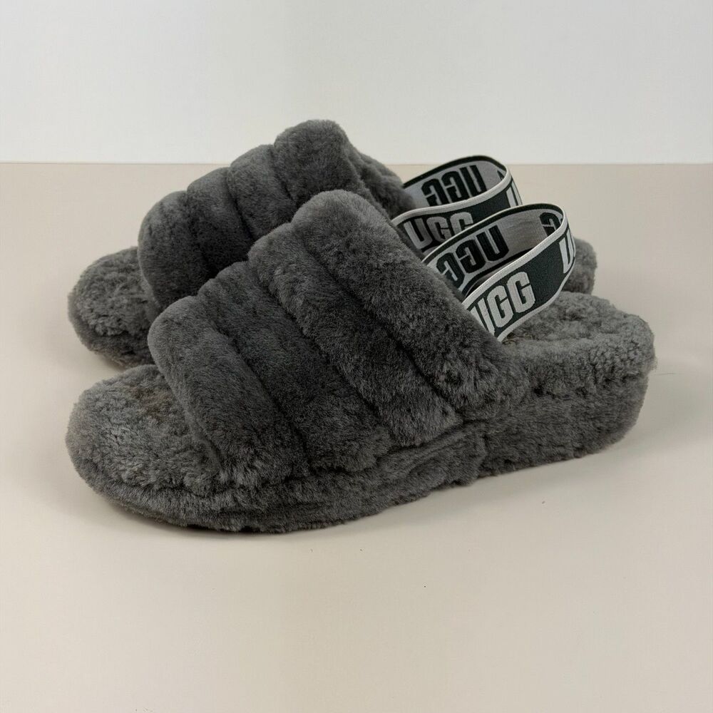 UGG Fluff Yeah Slide Charcoal Gray Sheepskin Platform Slippers 1095119 Womens 7